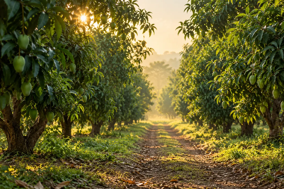 Illustrative sunlit orchard avenue