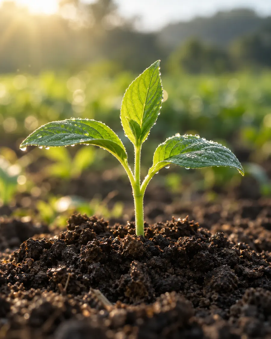 Illustrative morning photograph of a green seedling in soil